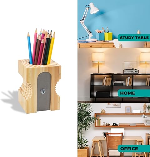 Miniatura 3 de GEGUTON Portalápices con forma de sacapuntas, madera maciza y acero y diseño retro, organiza accesorios de escritorio, añade encanto a los espacios