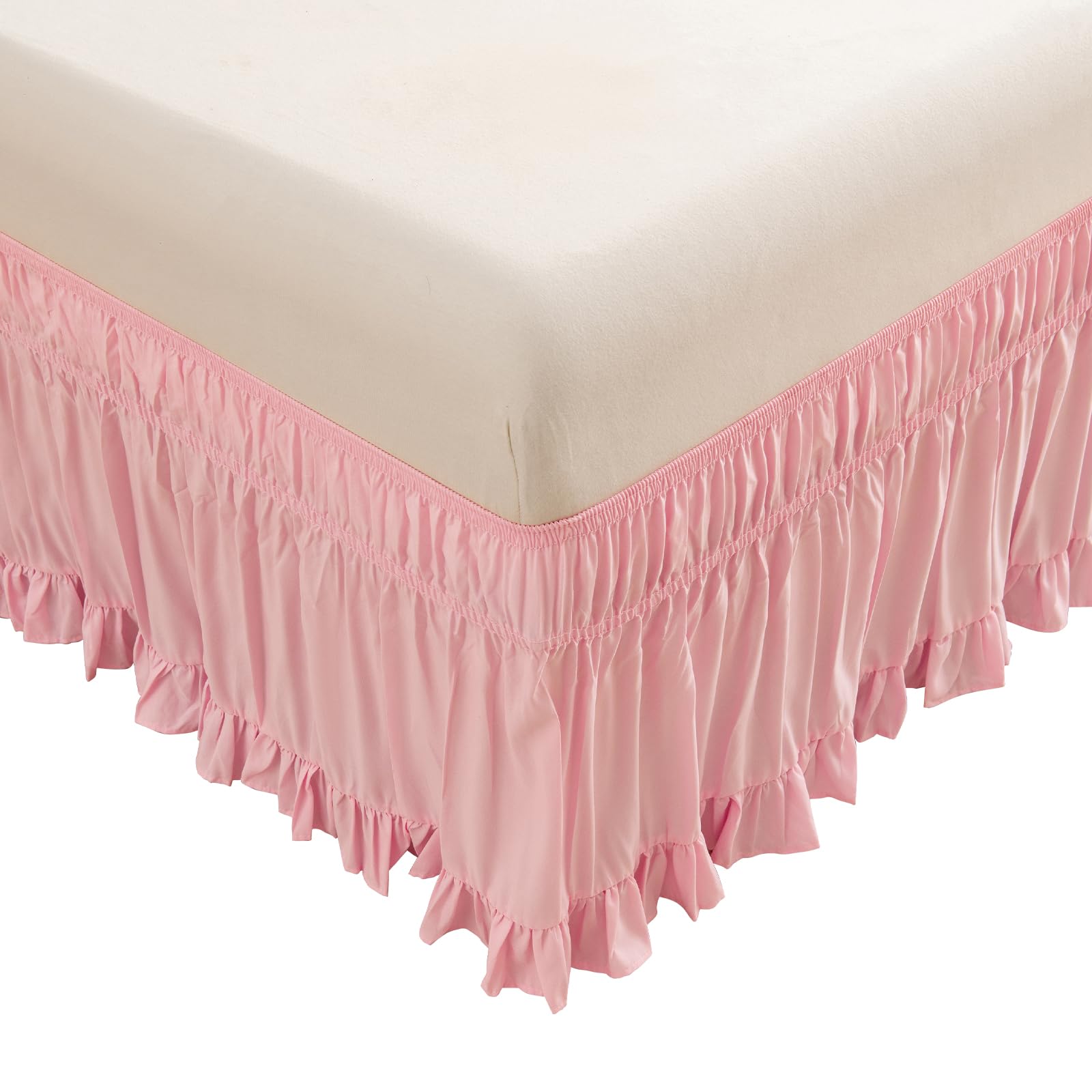 ACESOME Skirt Ruffled Bed Skirt, Double Elastic Bed Skirt Pleated Wrap Around, Drop15inch Ruffled, 90gsm Brushed Polyester Valance Sheet, Machine Washable Valance Sheet (Light Pink, 60x80+15inch)