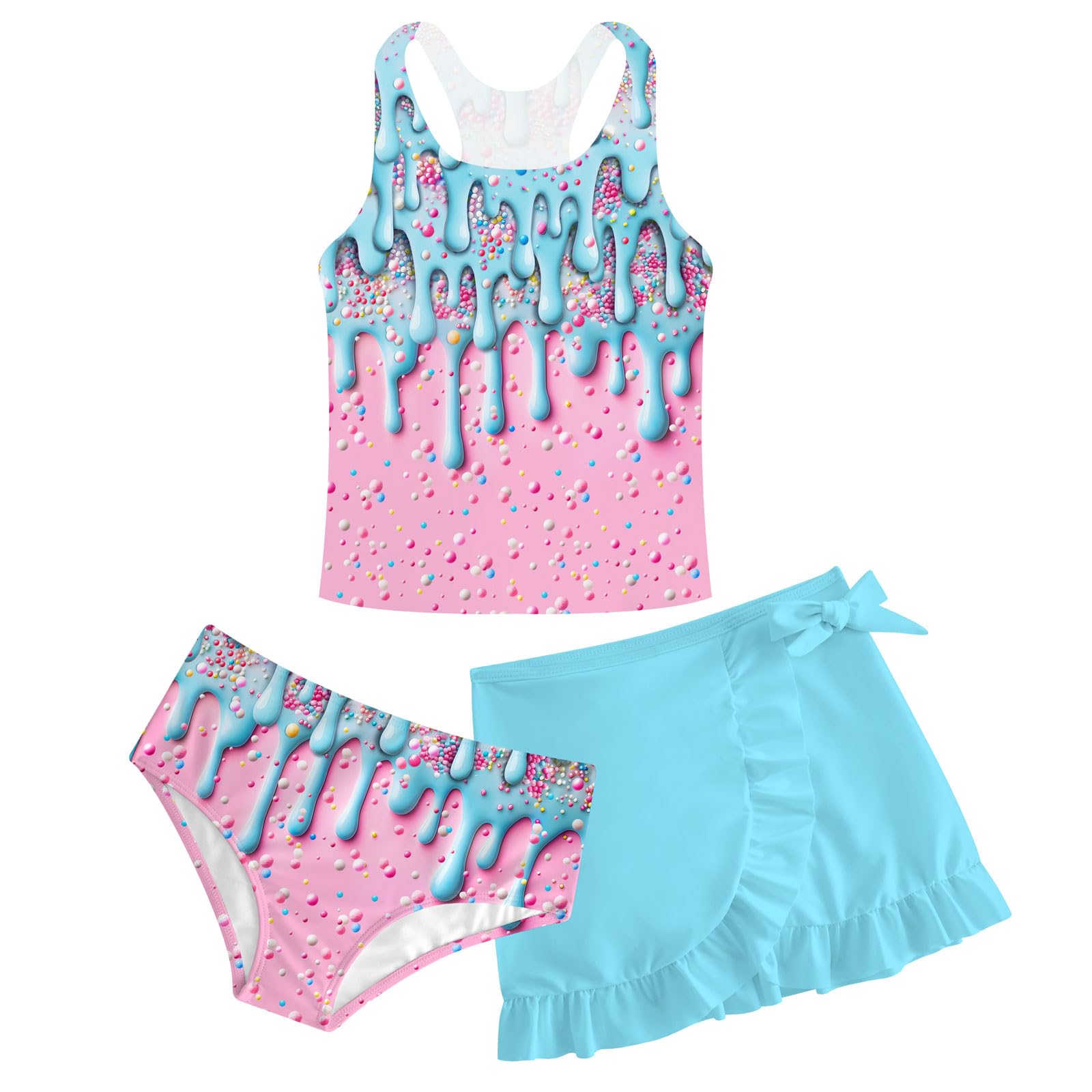 Girls Swimsuits 3 Piece Tankini Bathing Suit Set Cute Bikini Swimwear with Cover Ups Beach Skirt 5-16 Years