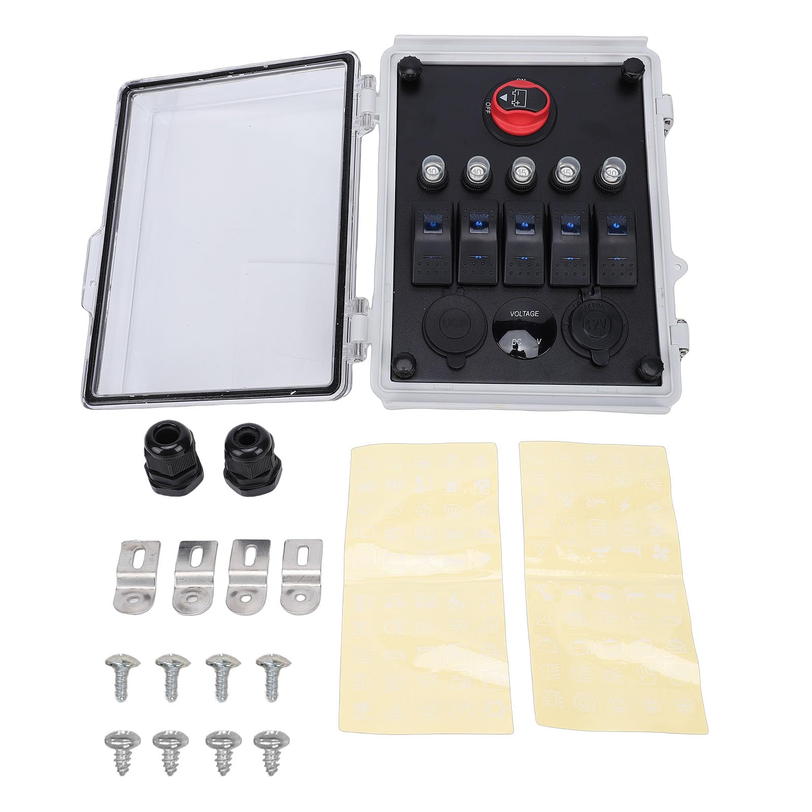 Caja de Interruptor Basculante de 5 Bandas con Enchufe de Encendedor para Camión RV ATV, Diseño a Prueba de Agua, Caja de Panel de Interruptor de Voltímetro LED, Material Plástico ABS,