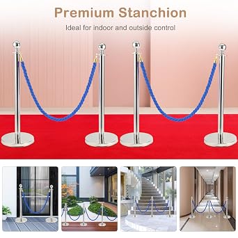 Trintion Queue Barrier Posts Stands Crowd Control Stanchions with 1.5M Ropes Heavy Duty Stainless Steel Queue Barrier Posts with Weighted Bases for Events Airports Hotels (Silver Blue)