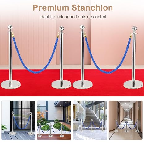 Trintion Queue Barrier Posts Stands Crowd Control Stanchions with 1.5M Ropes Heavy Duty Stainless Steel Queue Barrier Posts with Weighted Bases for Events Airports Hotels (Silver Blue)