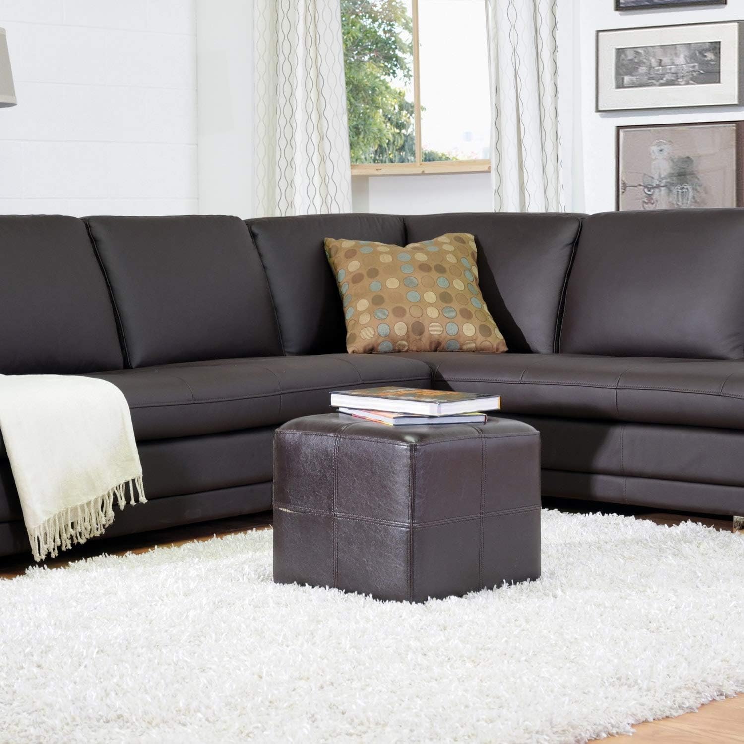 Dark Brown Faux Leather Cube Ottoman Modern Contemporary