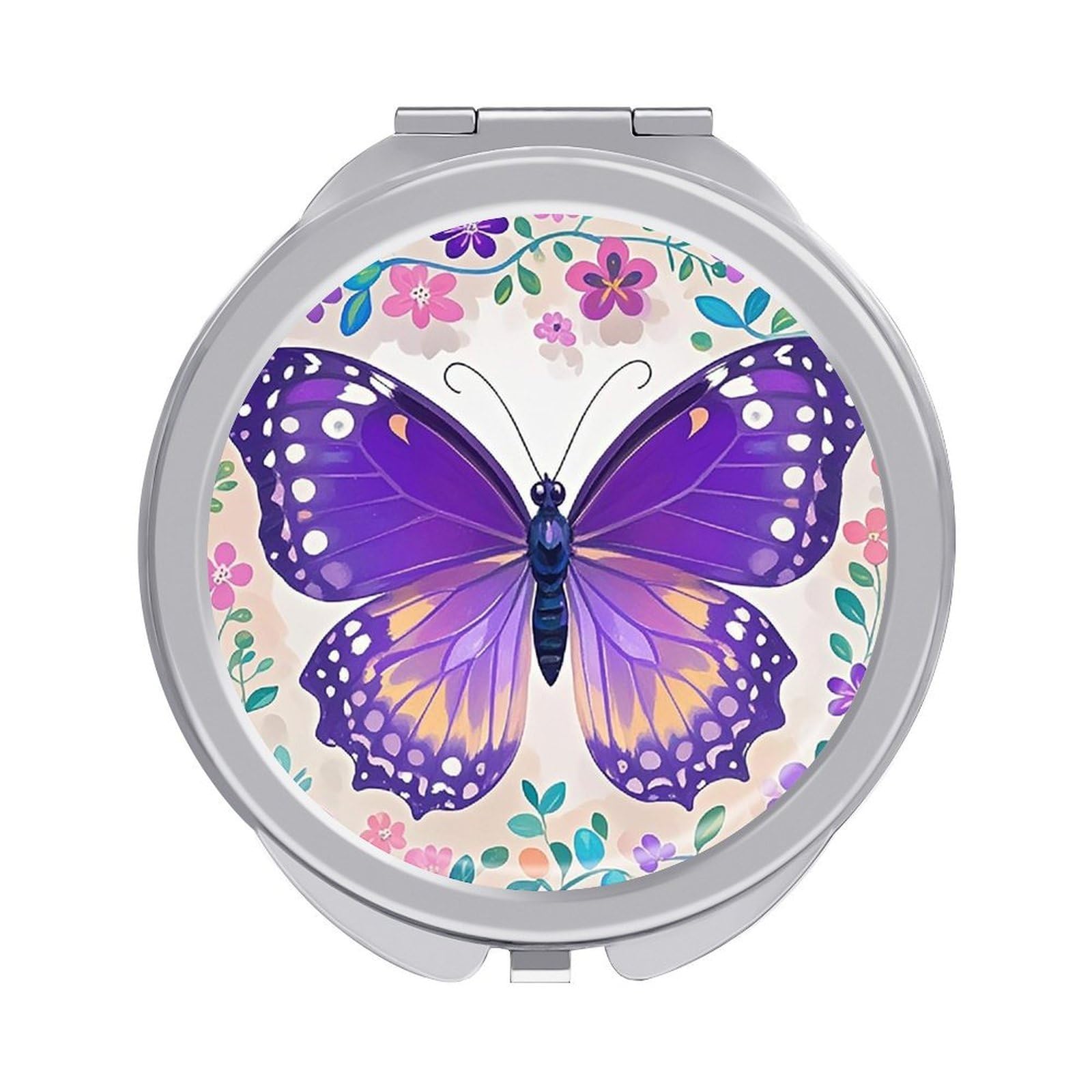 FekiLoot Cute Purple Butterfly Travel Makeup Mirror for Women Folding Portable Hand Compact Mirrors Small Round Vanity Mirror 1X/2X Magnifying Metal Pocket Makeup Mirrors