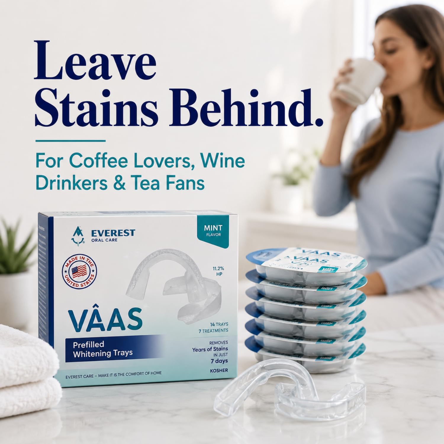 Everest VAAS - Bandejas precargadas de blanqueamiento dental, 14 bandejas para 7 tratamientos, sabor a menta, kosher