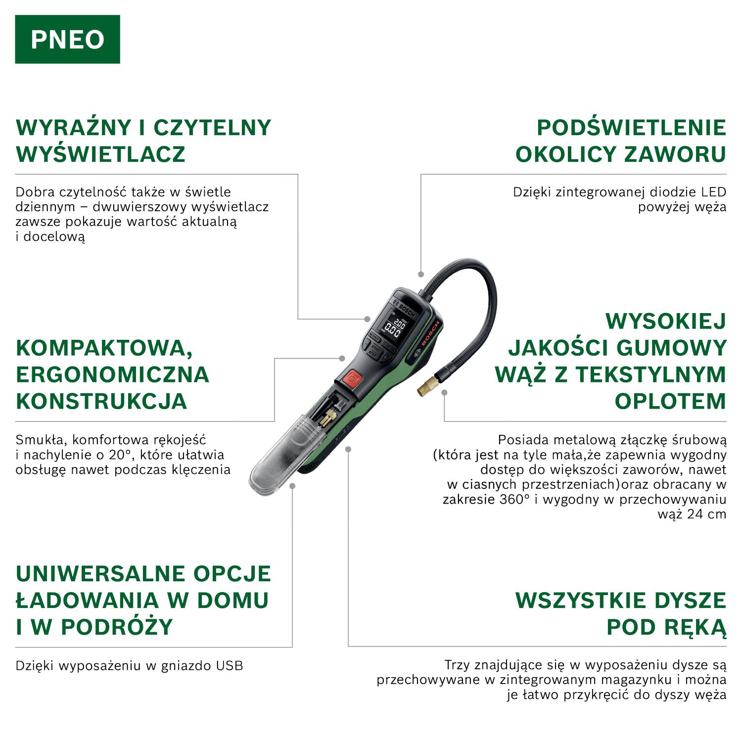 Bosch PNEO Akumulatorowa pompka pneumatyczna (z zestawem adapterów ciśnieniowych, akumulatorem 4V i torbą materiałową)