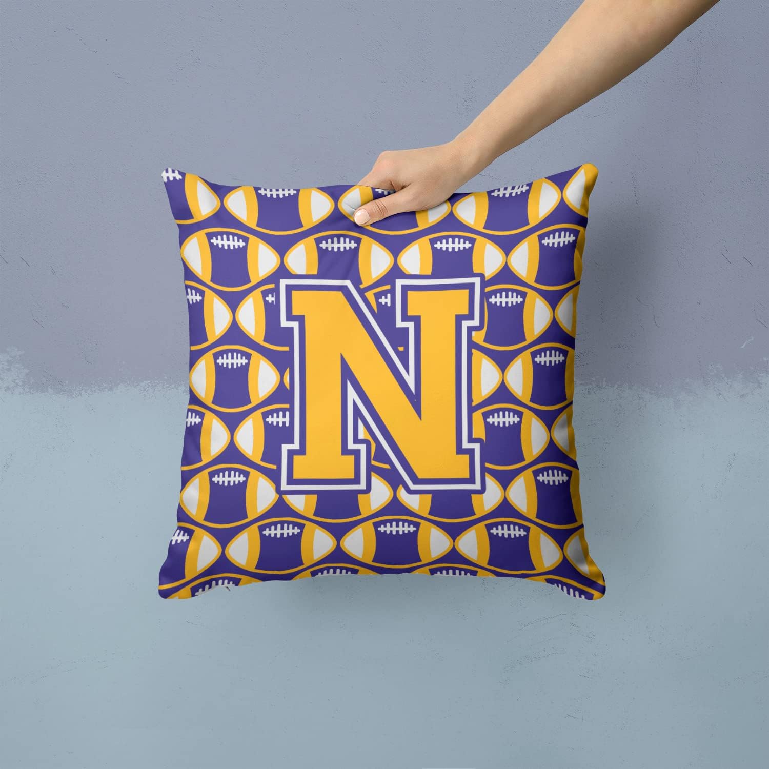 Caroline's Treasures CJ1064-NPW1414 Letter N Football Purple and Gold Fabric Decorative Pillow Machine Washable, Indoor Outdoor Decorative Pillow for Couch, Bed or Patio, 14Hx14W