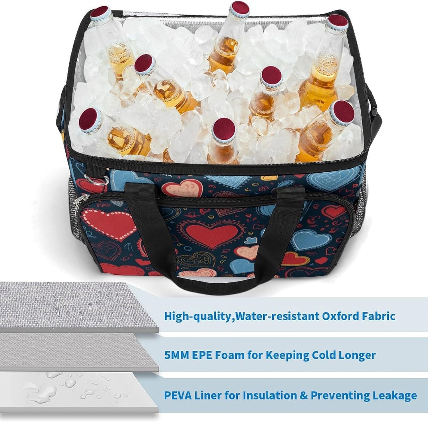 Insulated Picnic Backpack Tote Bag, Large Capacity 30L Arious Heart Shapes Cooler Bag Leakproof Beach Bags Portable Lunch Box Waterproof Picnic Basket for Beach Camping BBQ