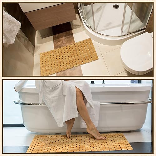 Miniatura 3 de Barydat Juego de 2 tapetes de baño de bambú para bañera larga y grande, antideslizante, tapete de ducha de bambú, tapete de madera impermeable para