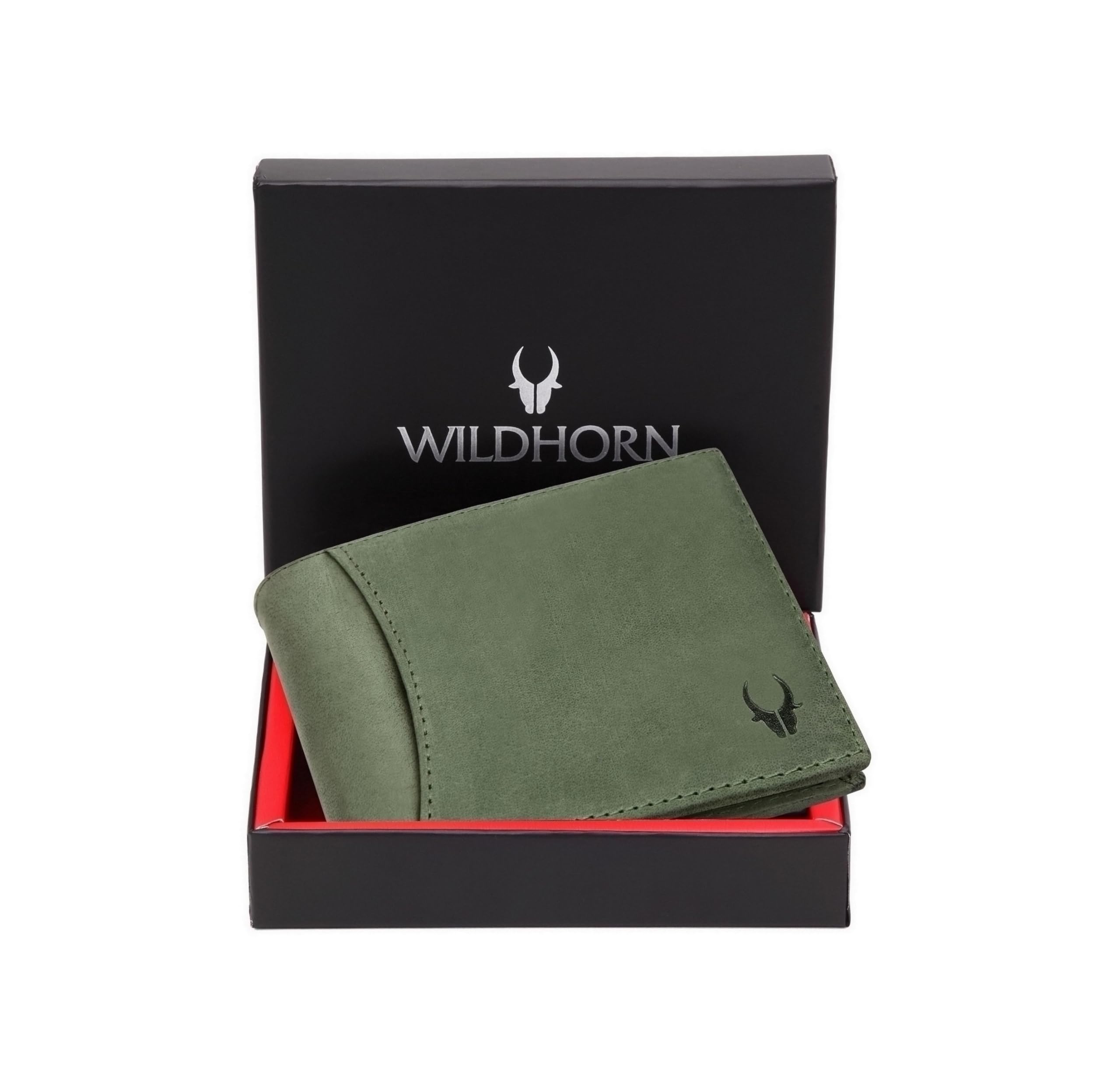 WildHorn RFID Protected Leather Wallets for Men I 9 Card Slots I 2 Currency & 2 Secret Compartments I 1 Zipper & 3 Id Card Windows, Green