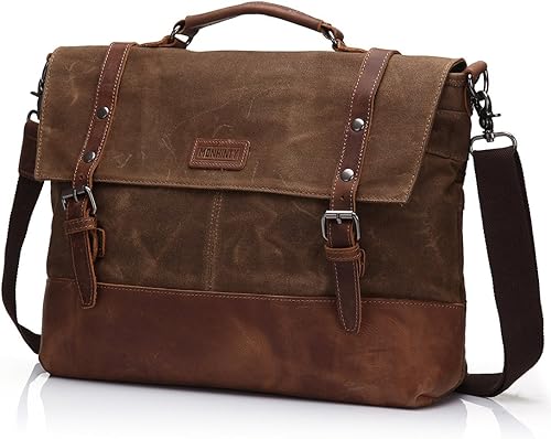 Bolsa de mensajero para ordenador portátil de 15.6 "para hombres encerado lona vintage cuero negocio maletín Bolsas de hombro impermeable