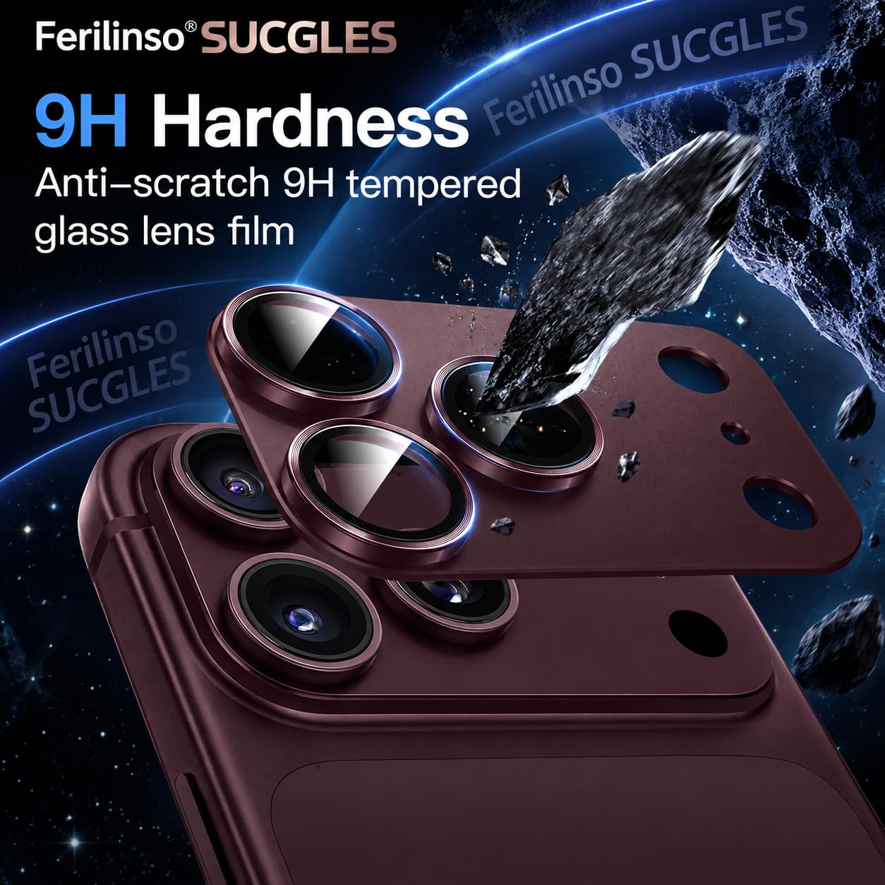 Ferilinso SUCGLES Camera Lens Protector for iPhone 18 Pro Max, 1-Pack, Dark Cherry Full Coverage 9H+ Tempered Glass, Matte Metal Plate, AR Coating, Scratch Resistant, Case Friendly — Amazon image 4