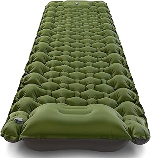 Camping Sleeping Pad, Ultralight Camping Mat with Pillow Built-in Foot Pump Inflatable Sleeping Pads Compact for Camping Backpacking Hiking Traveling-Light Green, Nylon