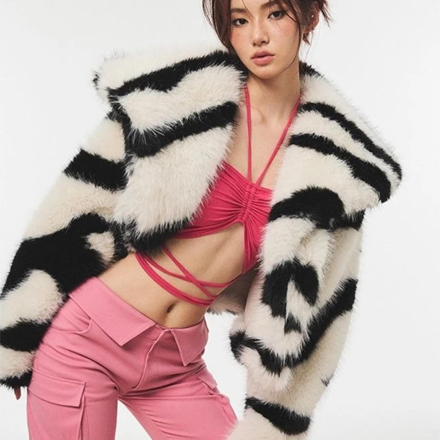 Dawery Y2k Cropped Zebra Fur Coat Women Winter Goth Punk Fluffy Furry Big Collar Faux Fur Short Jackets