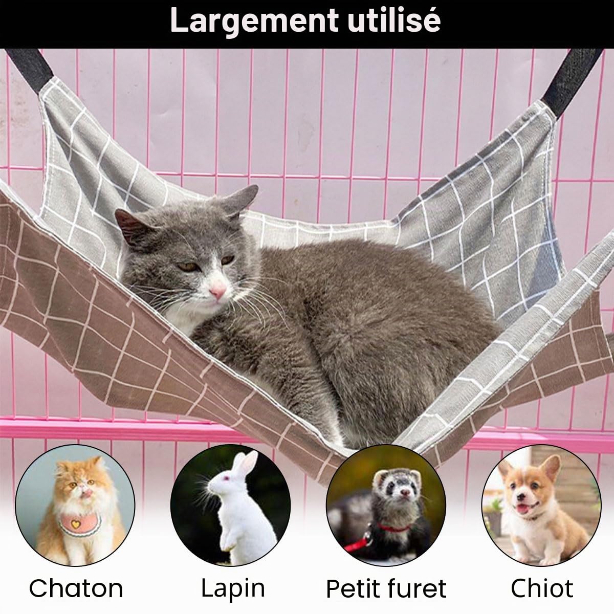 Hamac pour chat, cage pour animaux de compagnie, bretelles réglables, convient aux animaux pesant jusqu'à 9 kg (57 x 47 cm)
