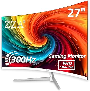 ZZA 27 Inch Curved Gaming Monitor 300Hz White Computer Display, FHD 1080p 1800R Curvature VA Panel, Supports AMD FreeSync, HDR10, HDMI and DisplayPort, 120% sRGB Color Gamut, 1ms Response Time