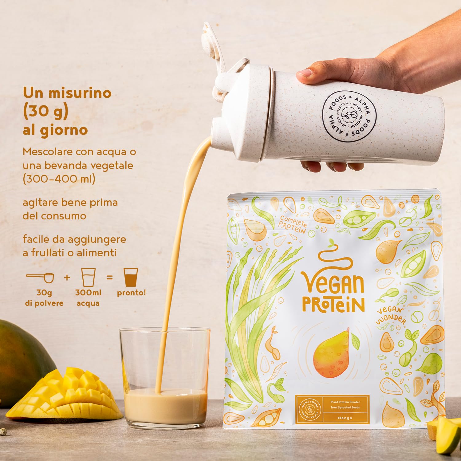 Proteine in Polvere Vegane | Gusto Mango | 21g Proteine Vegetali Isolate in Polvere di Pisello e Riso | Massa Muscolare | 600g Vegan Protein Powder | Alpha Foods