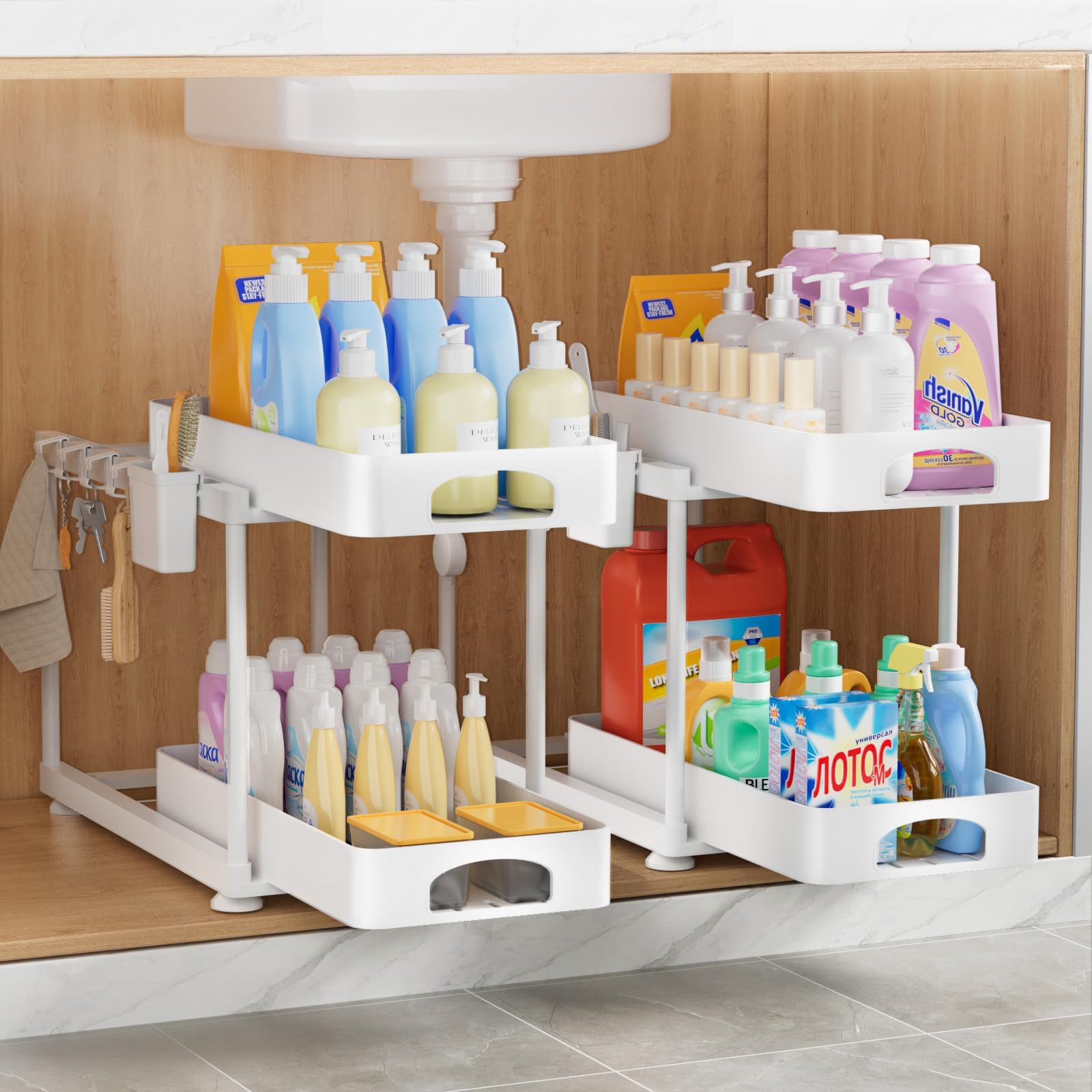 Under Sink Organizer, Under Kitchen Sink Organizer, 2 Pack Bathroom Cabinet Organizers and Storage, 2 Tier Pull-Out Multi-Purpose Storage Organizers for Bathroom Kitchen Cabinet, White