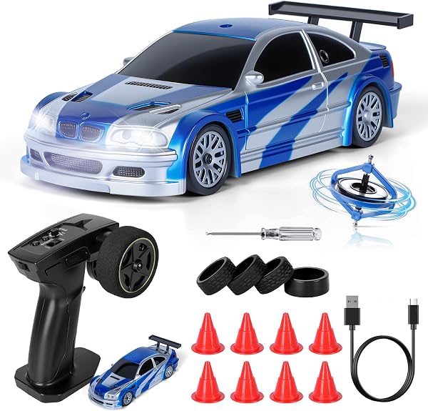 JONRRYIN RC Auto Drift Pro 1:43, Macchina Telecomandata Drift, Mini Drift Car, Micro Macchina Telecomandata con Luce LED, 15km/h, Auto Giocattolo per Bambini di 14 Anni (Blu Pro-Gyro) - 1
