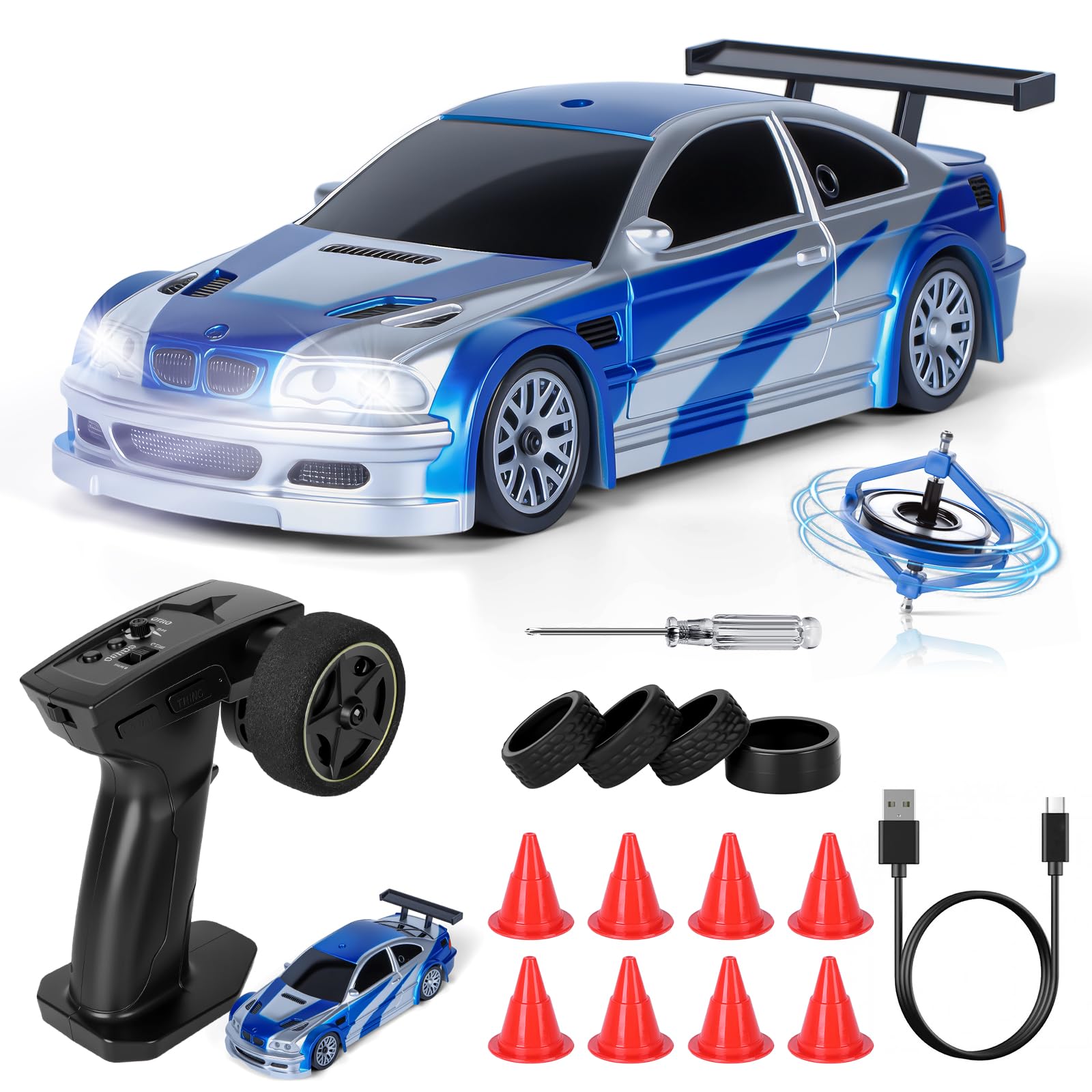 JONRRYIN RC Auto Drift Pro 1:43, Macchina Telecomandata Drift, Mini Drift Car, Micro Macchina Telecomandata con Luce LED, 15km/h, Auto Giocattolo per Bambini di 14 Anni (Blu Pro-Gyro)
