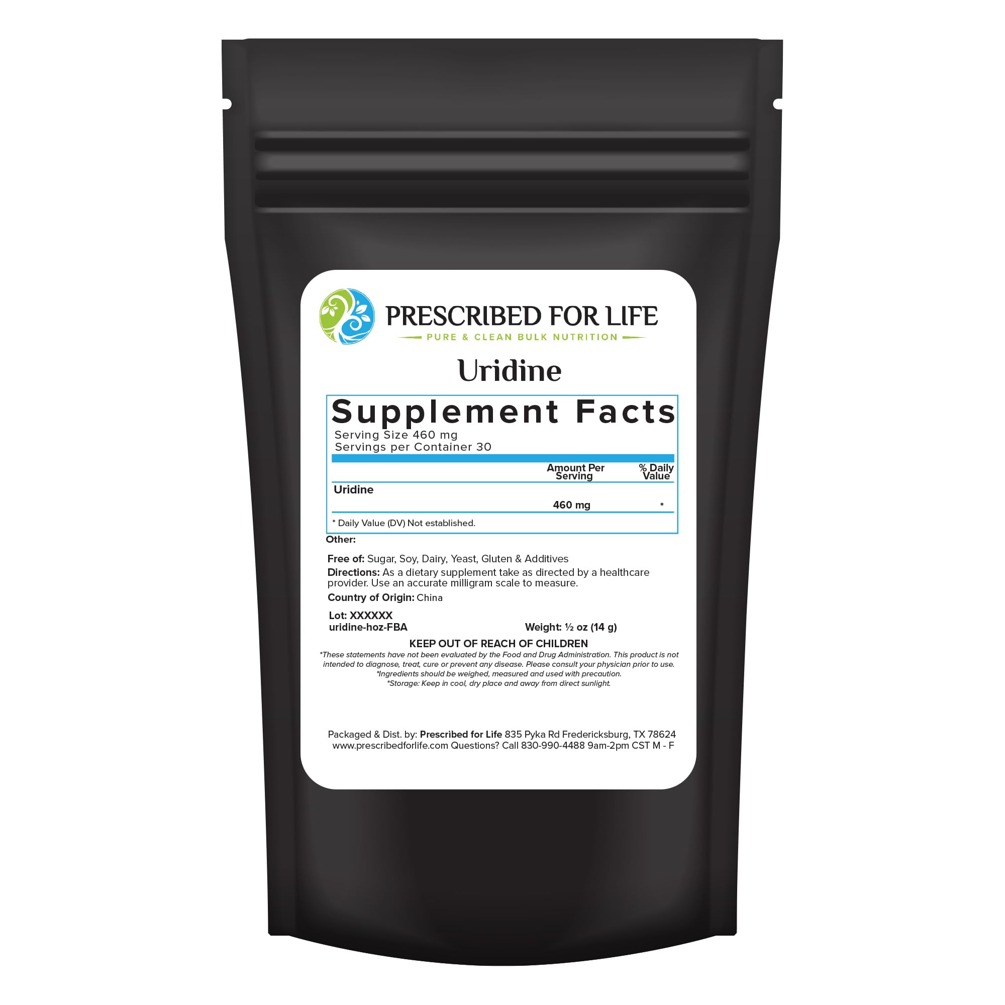 Prescribed For Life Uridine, Pure Uridine Monophosphate Powder, Nootropic Supplement for Memory, Clarity, & Focus, No Fillers, No Additives, Vegan, Non GMO (0.5oz / 14g)