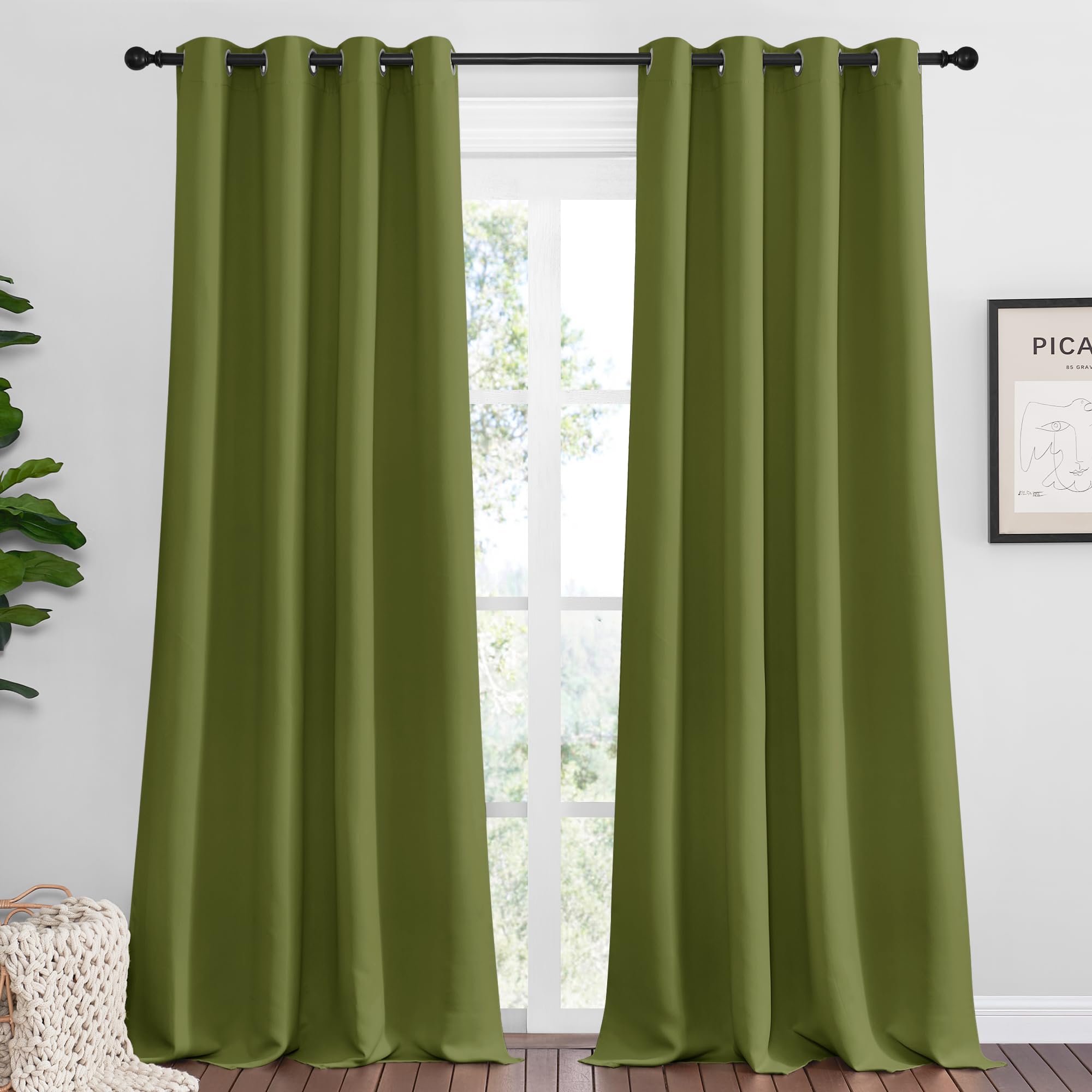 nicetown olive green blackout curtains 96 inches length for living room, 2 panels, 55" wide, thermal insulated long drapes for large window