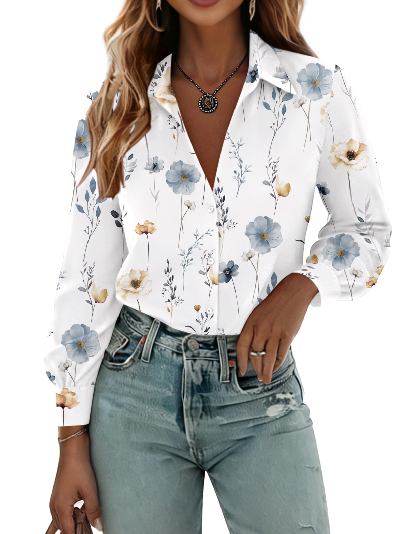 Zeagoo Womens Button Down Shirts Lantern Long Sleeve Blouse Business Casual Work Tops Floral Printed Outfits