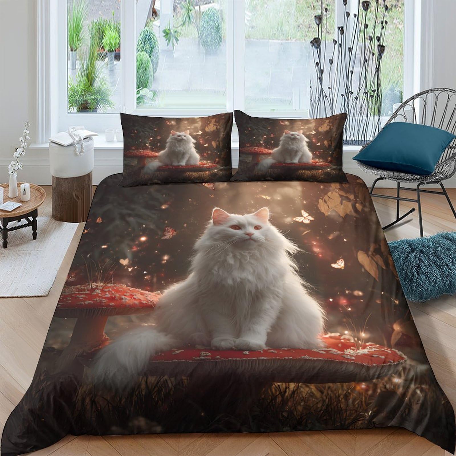 Ctjqhvkz Style-8 3D Printed Fluffy White Cat Fitted Sheet Microfiber Soft Breathable Fantasy Forest Bed Cover For Bedroom Dorm Mattress Protection Decor Single（135X200cm）