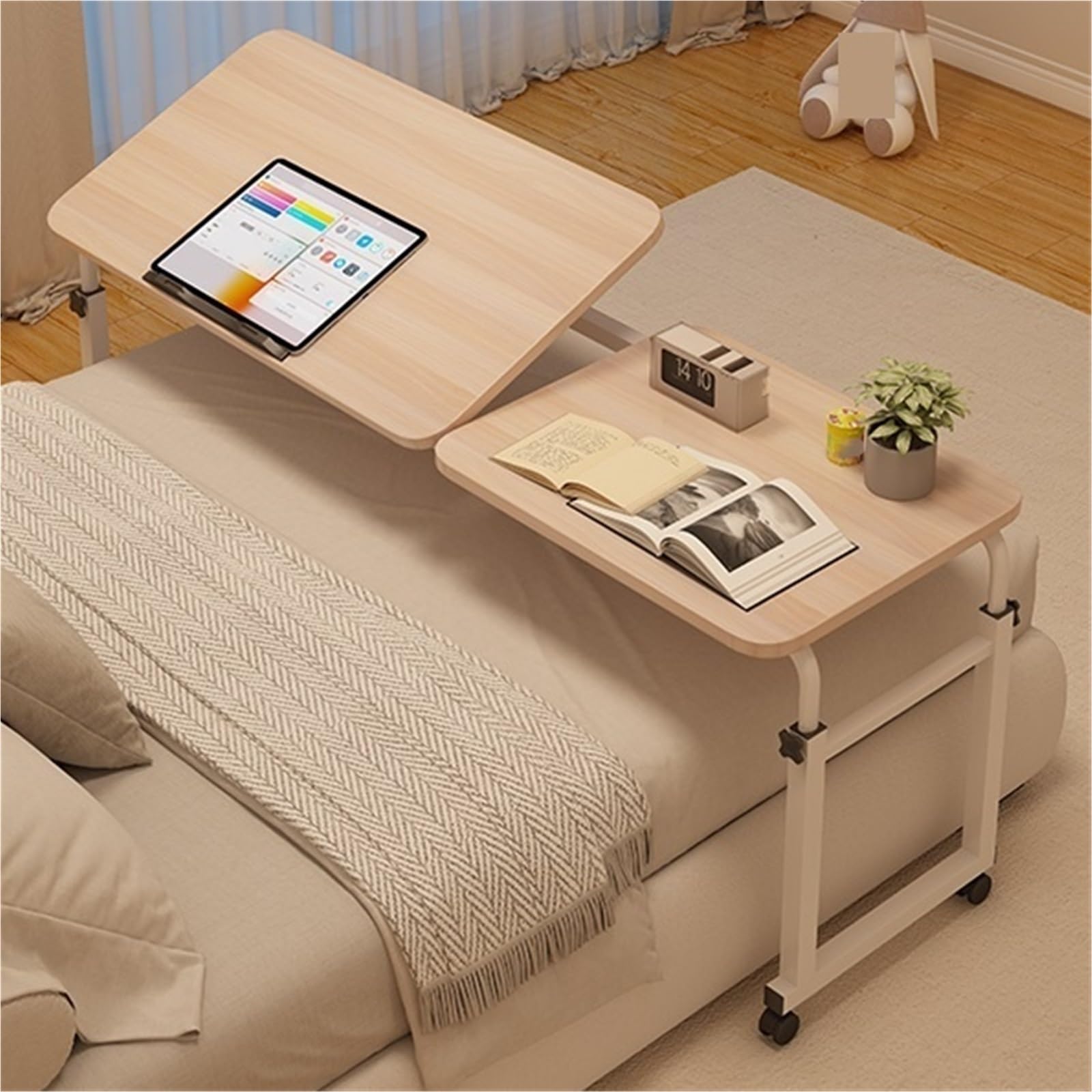 Mesa ajustable sobre la cama con ruedas, altura y longitud ajustables, escritorio abatible, escritorio de oficina portátil de metal para sala de estar y dormitorio, mesita de noche con ruedas (acabado