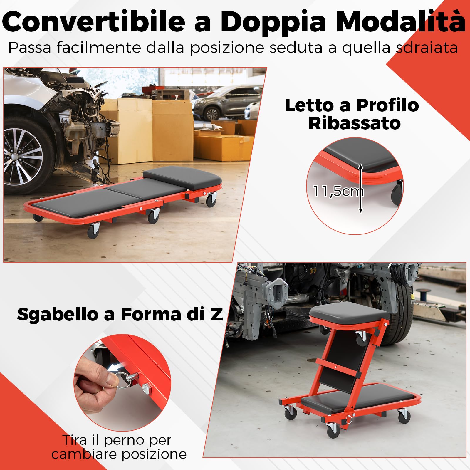COSTWAY 2 in 1 Sgabello da Officina a Forma di Z, Carrello Meccanico sotto Auto con Sedile Imbottito e Ruote Girevoli a 360°, Portata 160 kg, per Garage e Officina (Nero)