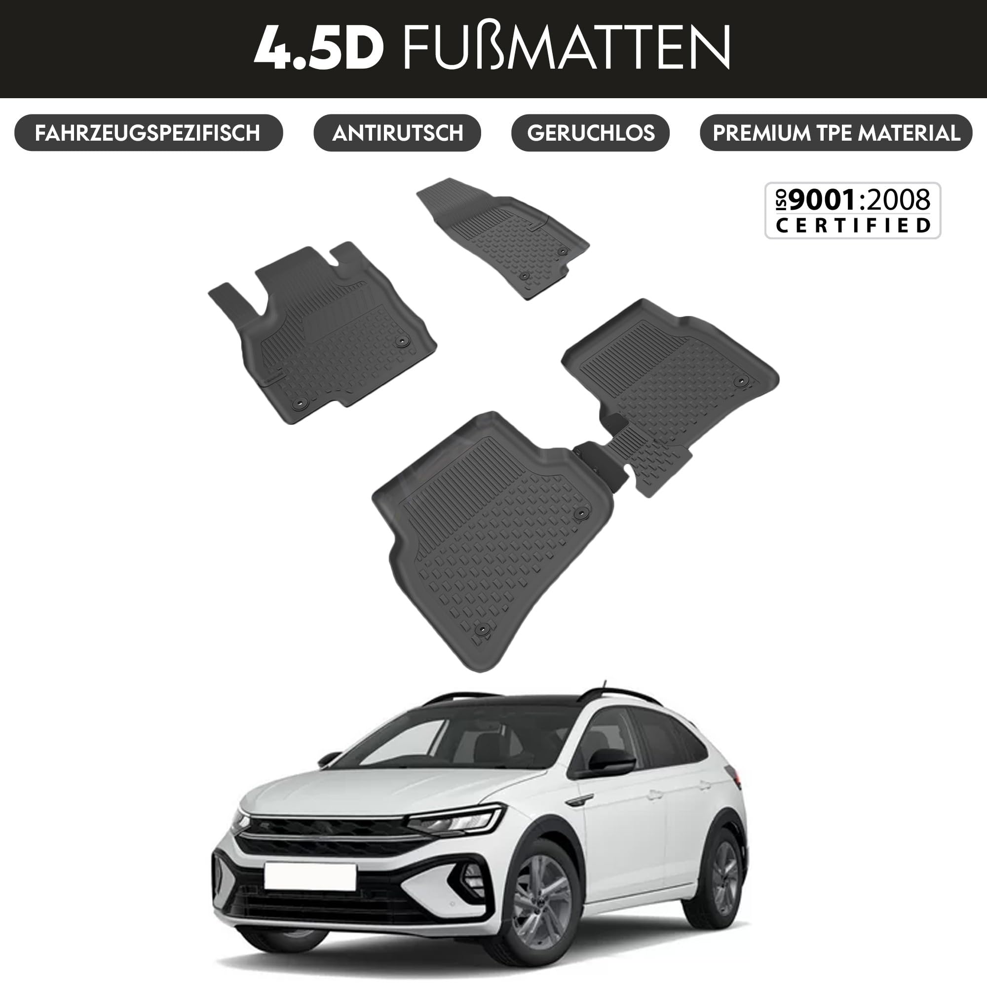 Tappetini Auto In TPE Per Volkswagen Taigo SUV (09/2021-) | Set 4 Pezzi Nero | Antiscivolo Con Bordo Rialzato | Mossa