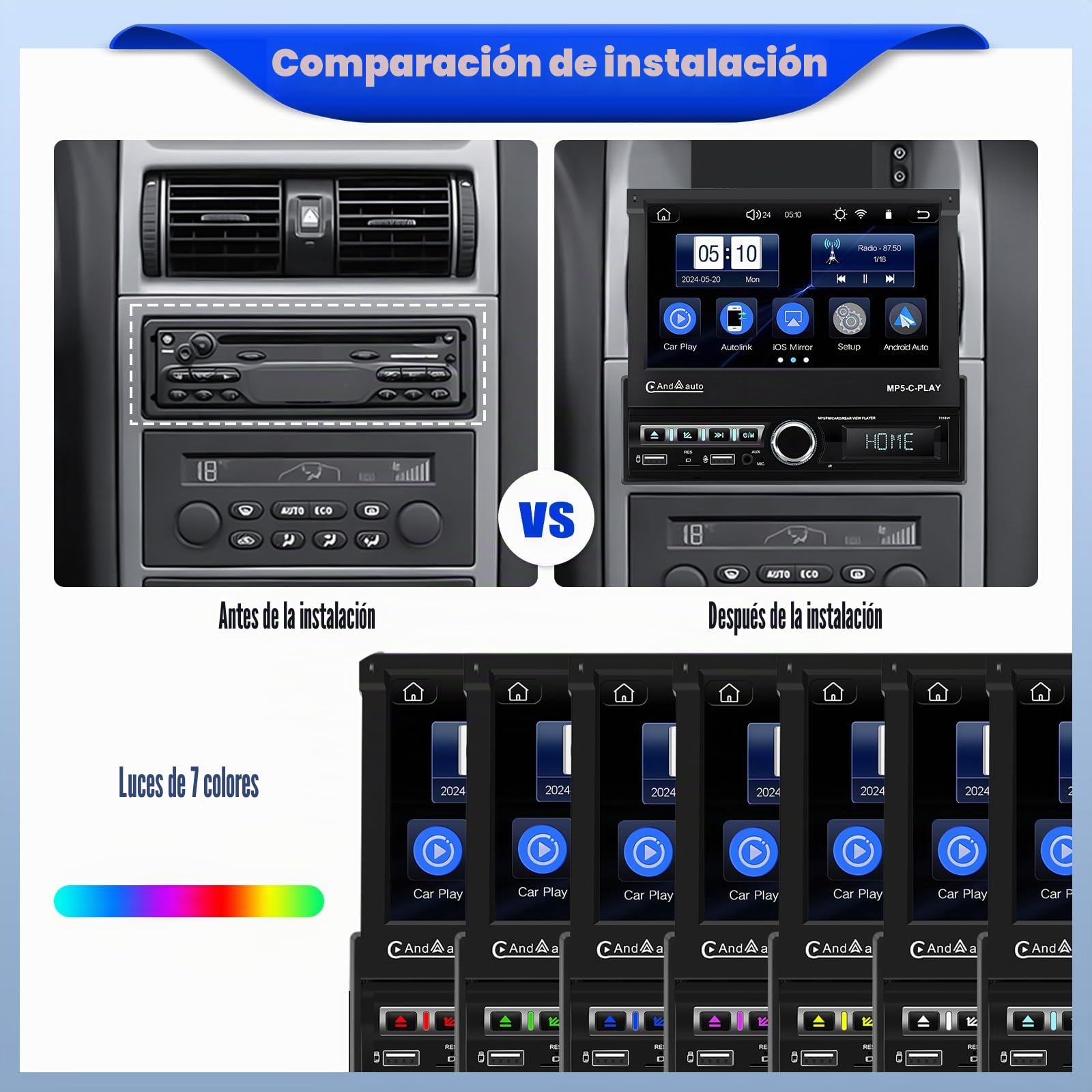CAMECHO Radio de Coche 1 DIN con Carplay inalámbrico y Android Auto, Radio de Coche con Pantalla Táctil Extensible Motorizada de 7 Pulgadas con Mirror Link Bluetooth FM/RDS EQ USB AUX SWC Cámara+Mic