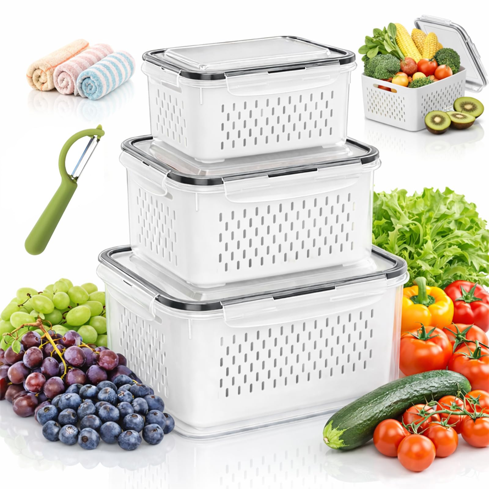 2026 4 in 1 Food Storage Container, Fruit Storage Containers for Fridge with Removable Colanders, Household Transparent Plastic Food Storage Box, Including Drain Basket, Kitchen Organizer (Gray,M+L)