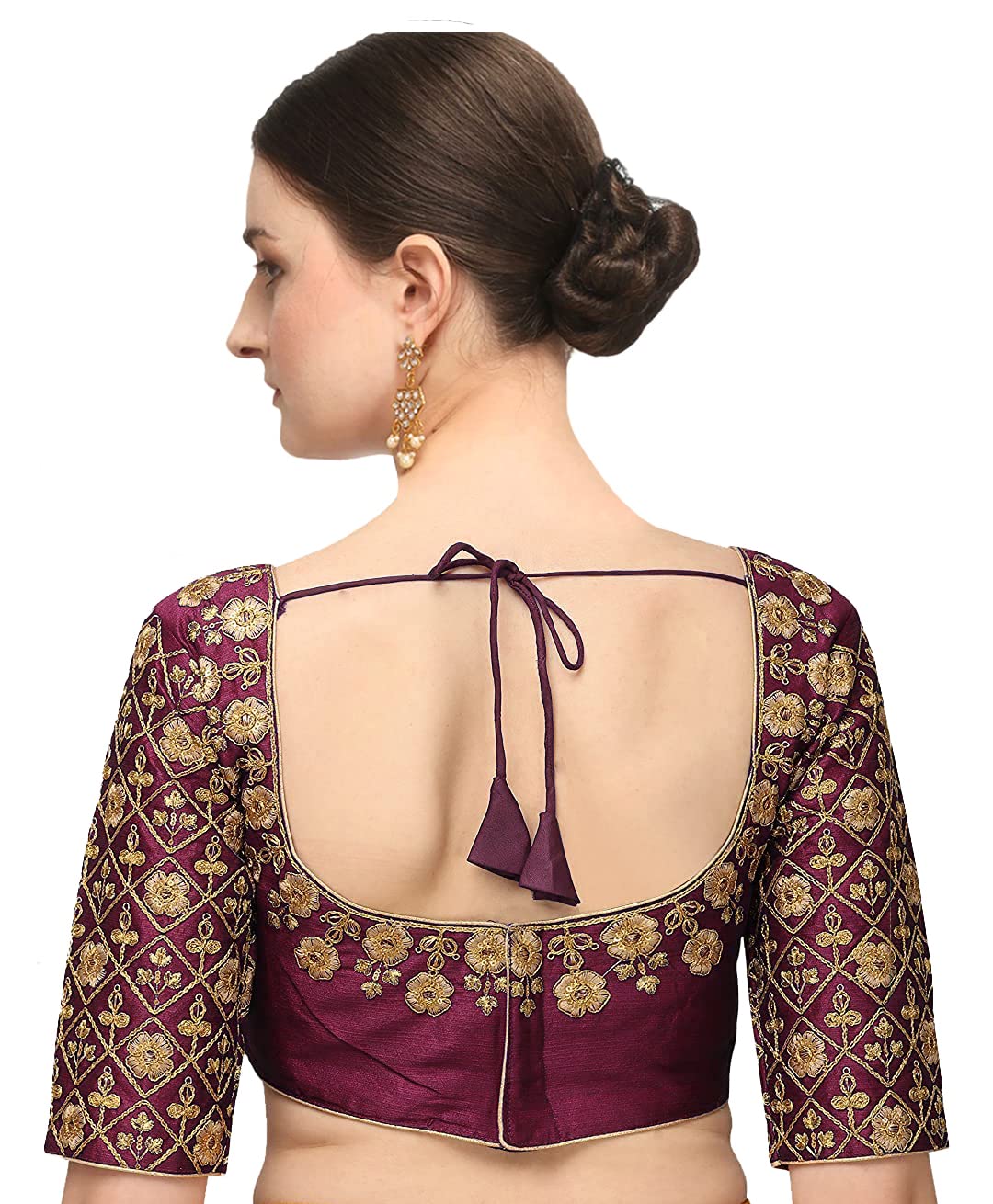 Pujia Mills Embroiderd Work Phantom Silk Readymade Blouse (Wine, 38)
