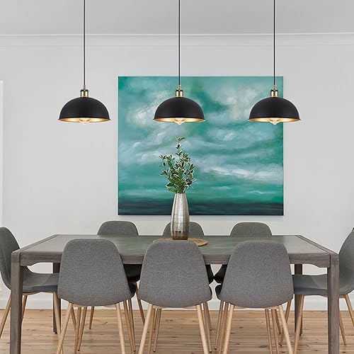 Miniatura 8 de Lámpara colgante industrial negra con acabado dorado vintage de 10 pulgadas, lámpara colgante de cúpula retro de granja, mini lámpara colgante negra