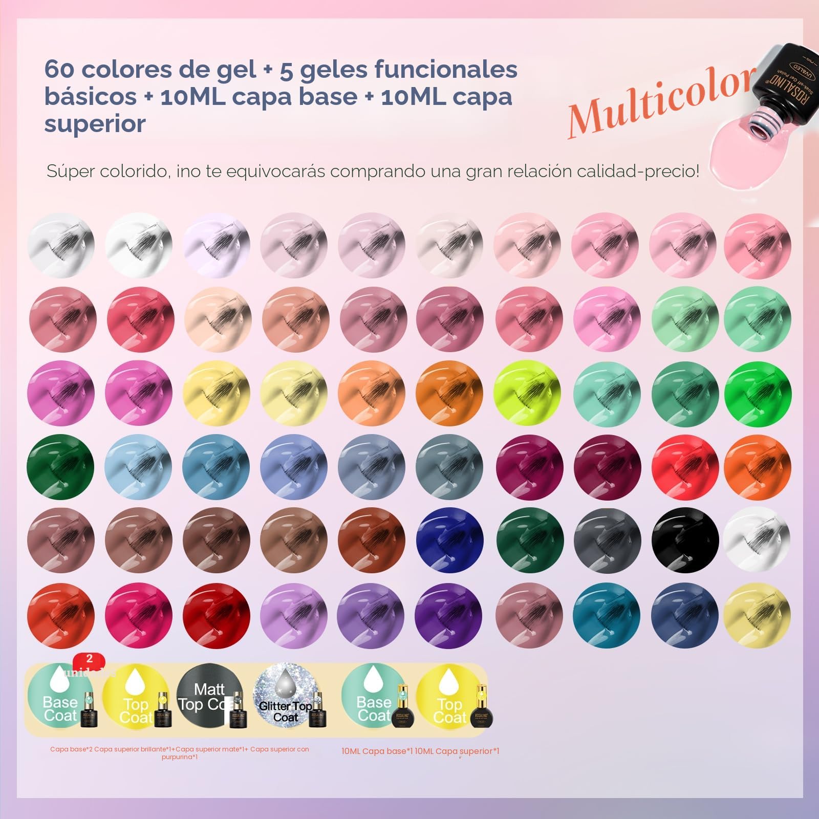 ROSALIND Kit Uñas Semipermanentes con Lámpara 48W, 65 Piezas Esmaltes Semipermanentes Rosa Amarillo Azul Verde Morado Colores Uñas Semipermanentes Kit Completo Regalos Principiantes