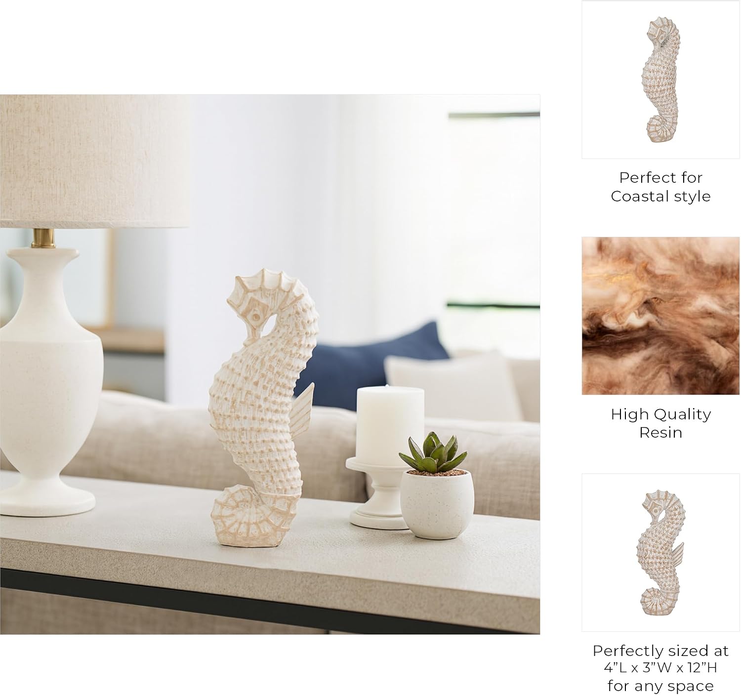 Modern Resin Seahorse Inspired Accent for Home Decor - Coastal Ornament for Bathroom, Office, and Living Room Accent - Sculptural Figurine for Shelf and Table Display - 12", White & Tan