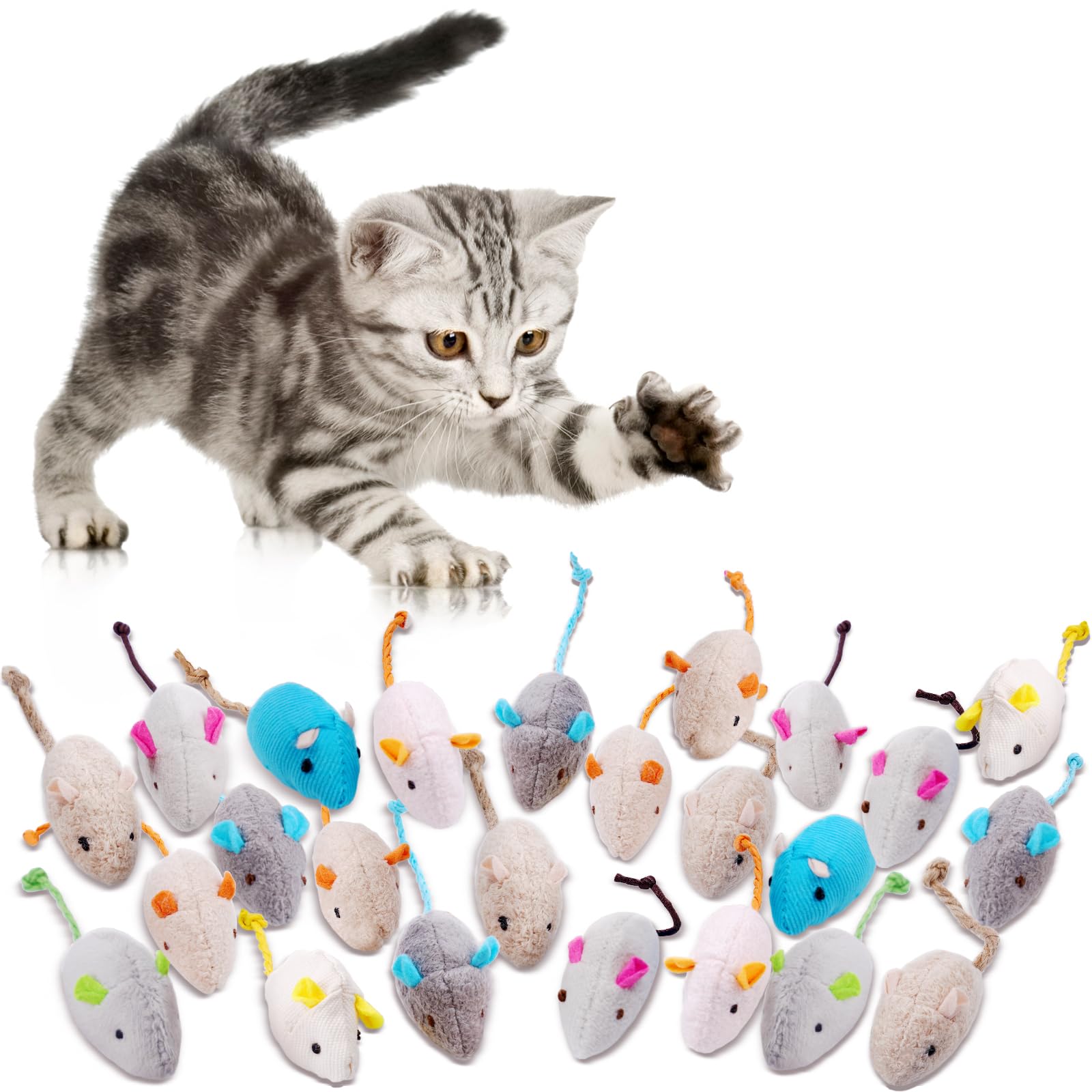 Adiwo Set di 24 Giocattolo per Topi per Gatti, Gatto Mouse Giocattoli, Topo di Peluche Giocattolo con Erba Gatta, Giocattolo di Erba Gatta Interattivo per Pulizia dei Denti, Coccolare e Giocare