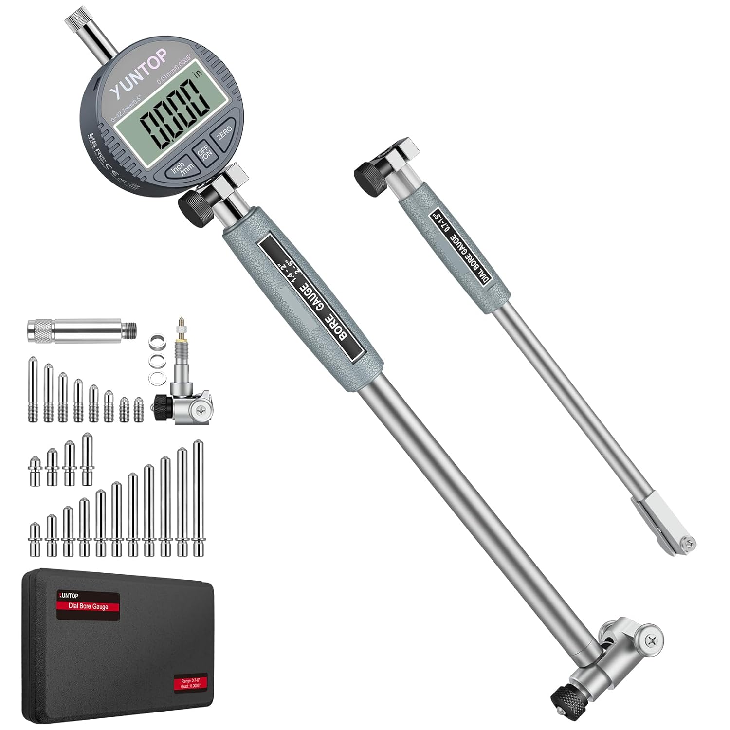 0.7-6''/0.0005" Digital Indicator Bore Gauge Set with 23PCS Anvils 5-6" Depth Measuring Dial Bore Gauge with 2 Measuring Rods Cylinder Measurement Tool for Machining CNC Automotive