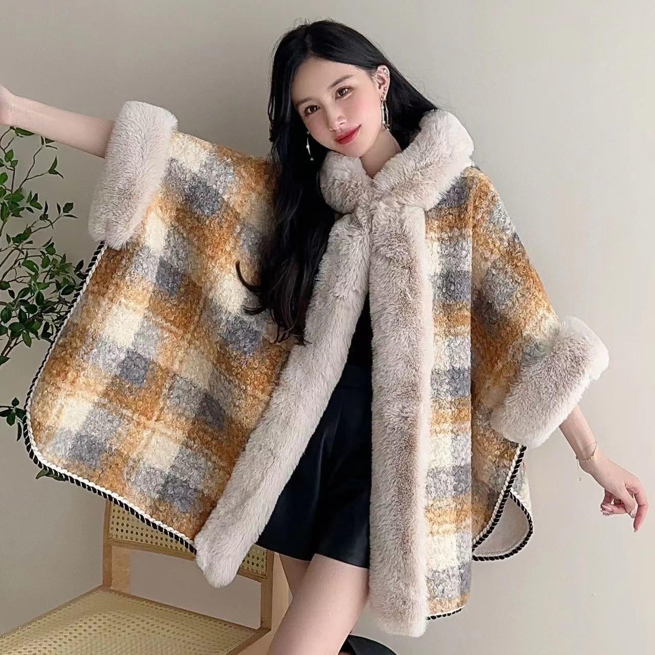 Autumn/Winter Plush Thickened Hooded Shawl Cape Loose Open Cardigan Women's Coat