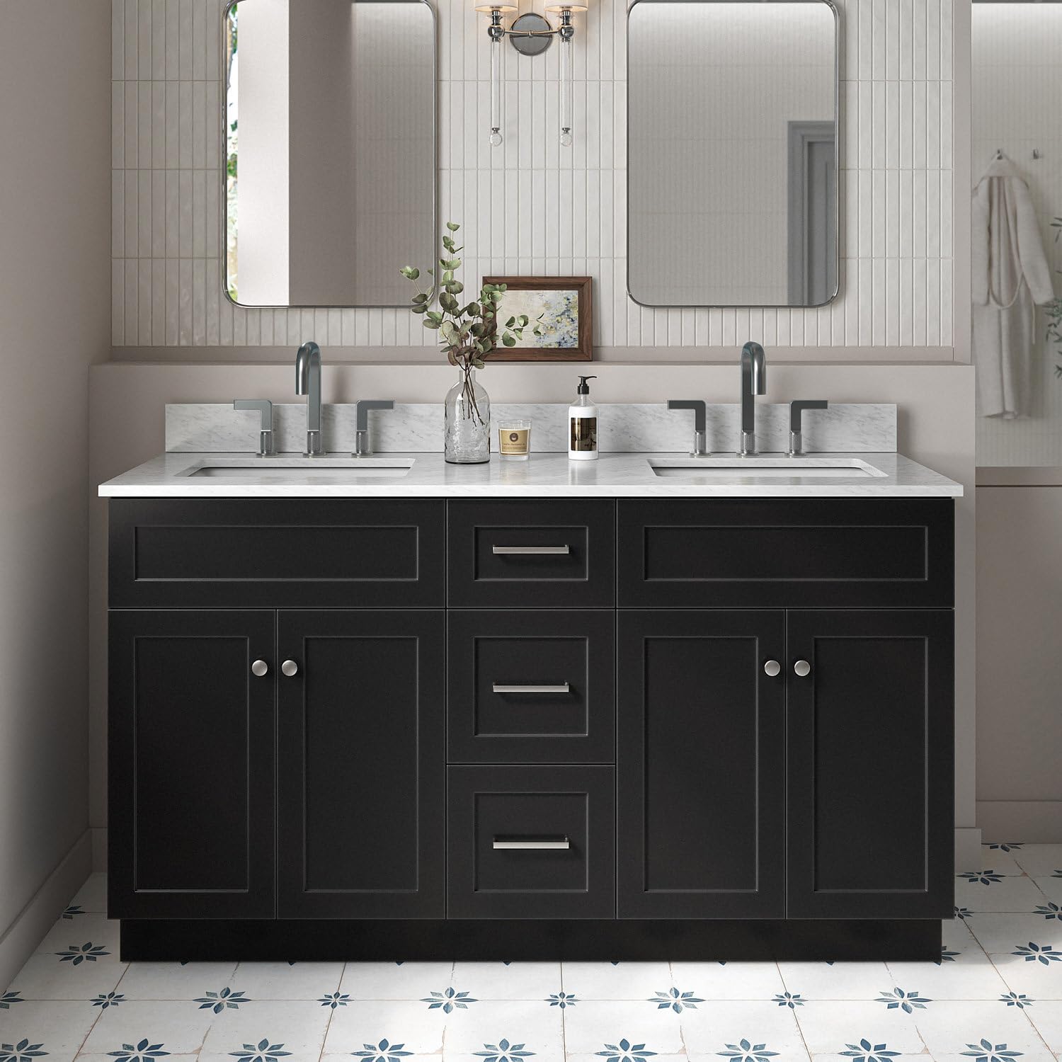 ARIEL Hamlet 60-inch Bathroom Vanity with Sink,Solid Wood, 0.75-inch Italian Carrara Marble Countertop, Double Rectangular Porcelain Sink, 4 Soft Closing Doors, 3 Dovetail Drawers, Black
