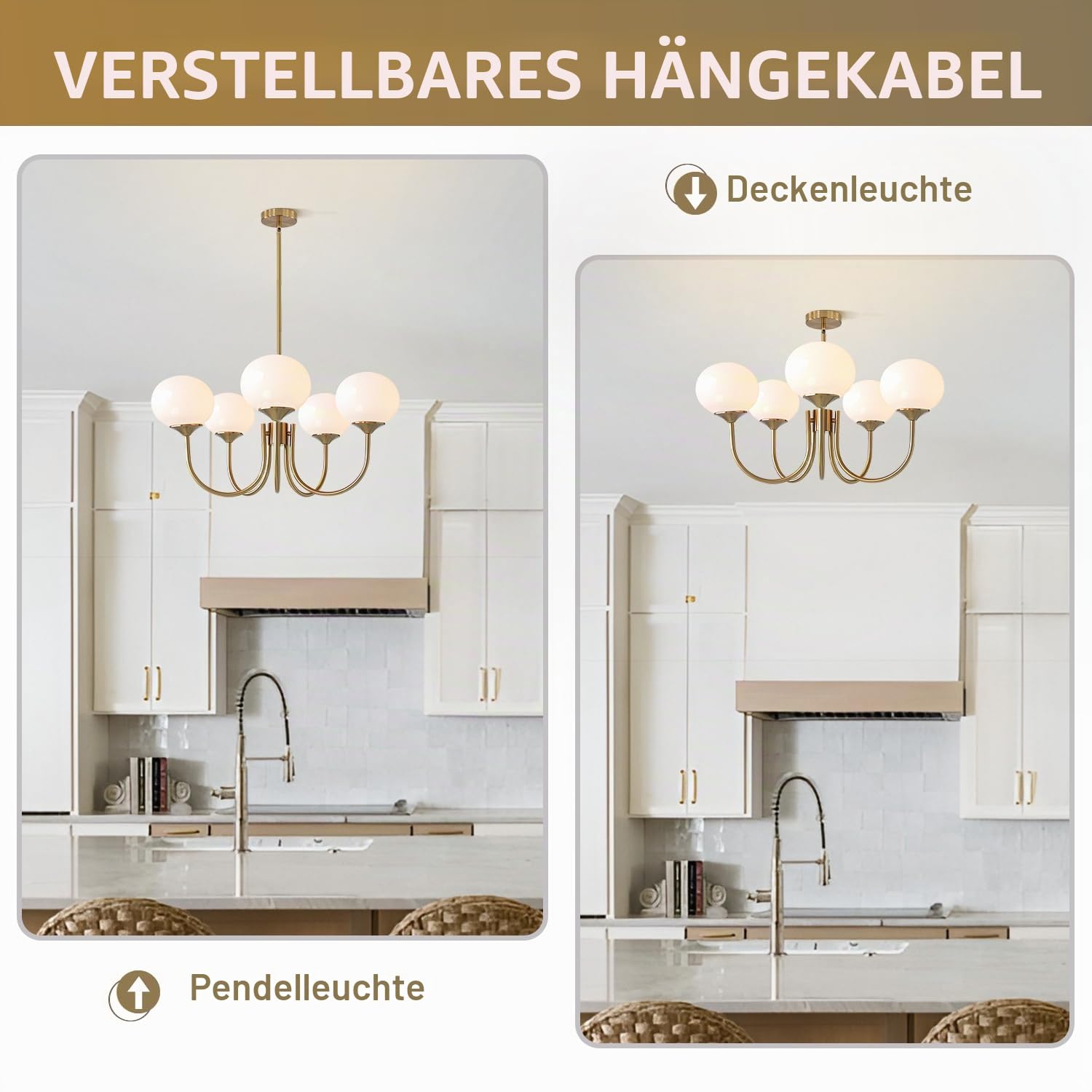 KCO Lighting Sputnik-Kronleuchter in Gold mit weißen Glaskugeln, 5 Leuchten E27 Vintage-Deckenleuchte, Moderne verstellbare Pendelleuchte für Schlafzimmer, Wohnzimmer und Küche