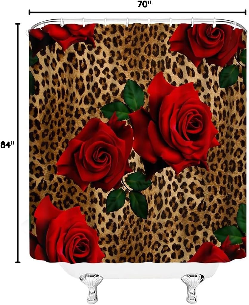 Leopard Flower Shower Curtain Red Rose Floral Valentines Wild Animal Print Mix Skin Pattern Creative Modern Woman Fabric Bathroom Decor Set with Hooks(84" Wx70 H)