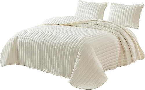 Miniatura 6 de Chezmoi Collection Iris - Juego de edredón de 3 piezas con pompones, color rosa rubor, colcha acolchada con punto de canal, colcha de microfibra