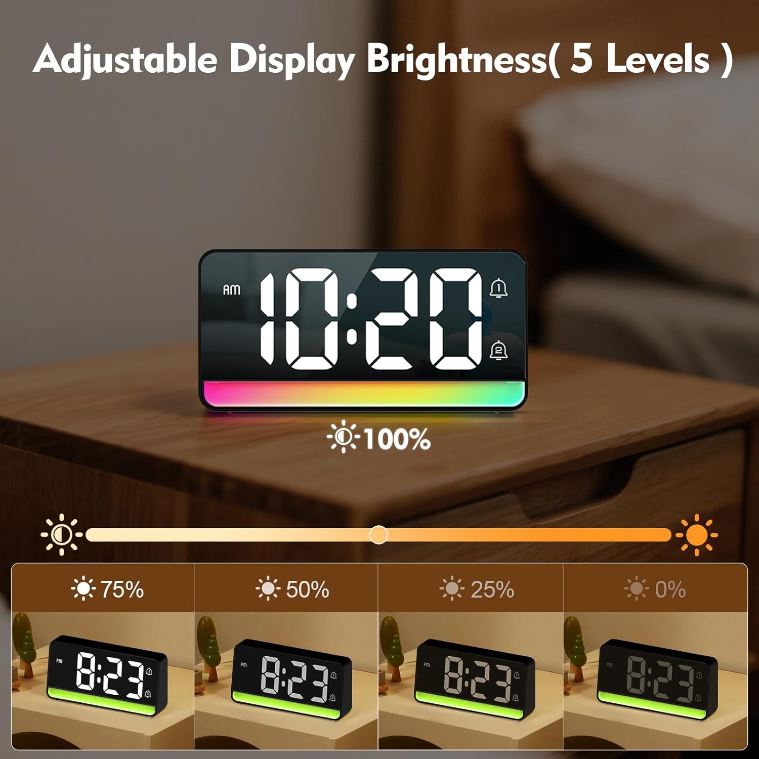 ALANAS 7 Large Digital Alarm Clock with RGB Color Changing Night Light，Dual Alarms, USB Charging, Snooze, Adjustable Brightness, Loud for Heavy Sleepers for Bedroom, Desk, Kids, Teens, Adults