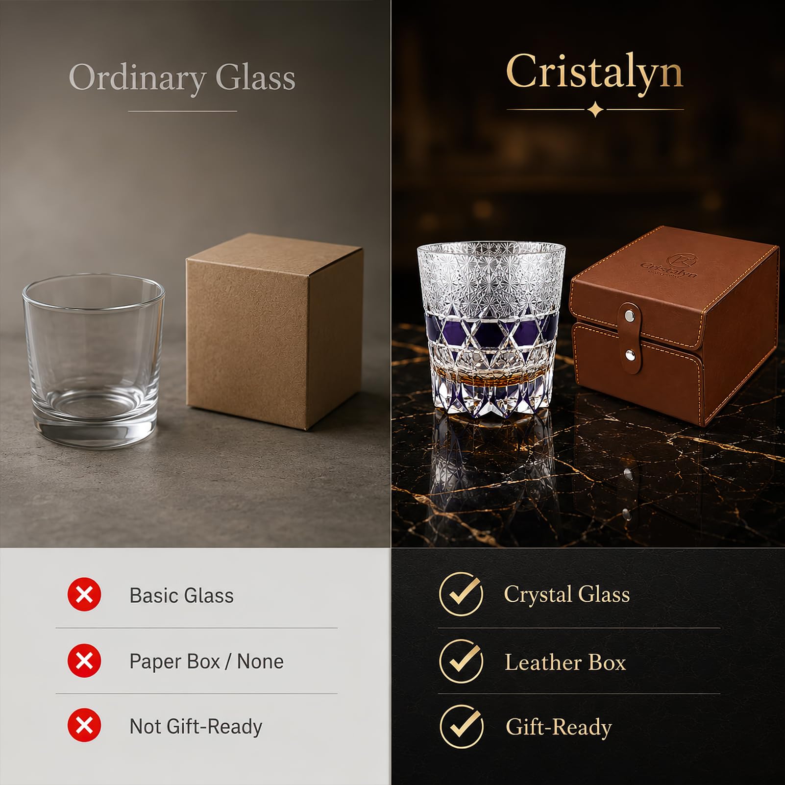 Vaso Whisky Japones Edo Kiriko Kiku Tsunagi - Vaso Degustacion Regalo Hombre para Bourbon - Vidrio Premium (Caja Regalo, 250ml)