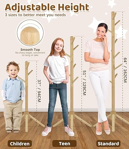 Miniatura 3 de Perchero de madera de haya para niños, soporte de altura ajustable con 9 ganchos, organizador de ropa infantil independiente para pasillo,