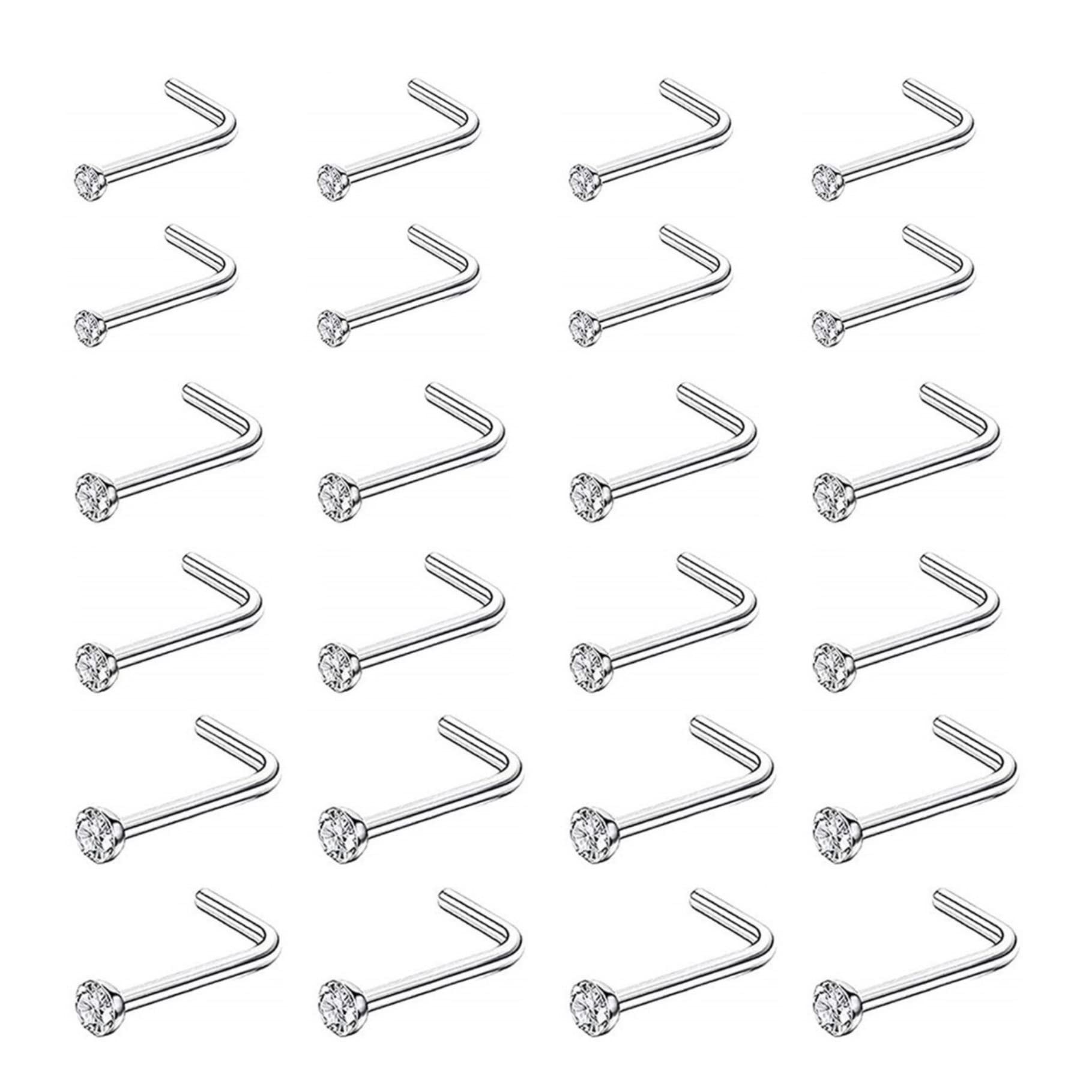 Nose Rings Studs, 60pcs Straight or L-Shaped or Screw Nose Studs for Women Men, Surgical Stainless Steel Hypoallergenic Nose Piercing Jewelry 1.5/2/2.5mm Size Rhinestone and Ideal Gift