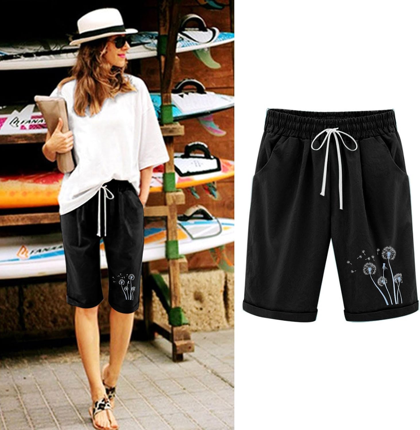 Summer Knee Length Shorts Women 2026 Cotton Linen Bermuda Pants Elastic Waist Workout Casual Loose Beach Short Slacks