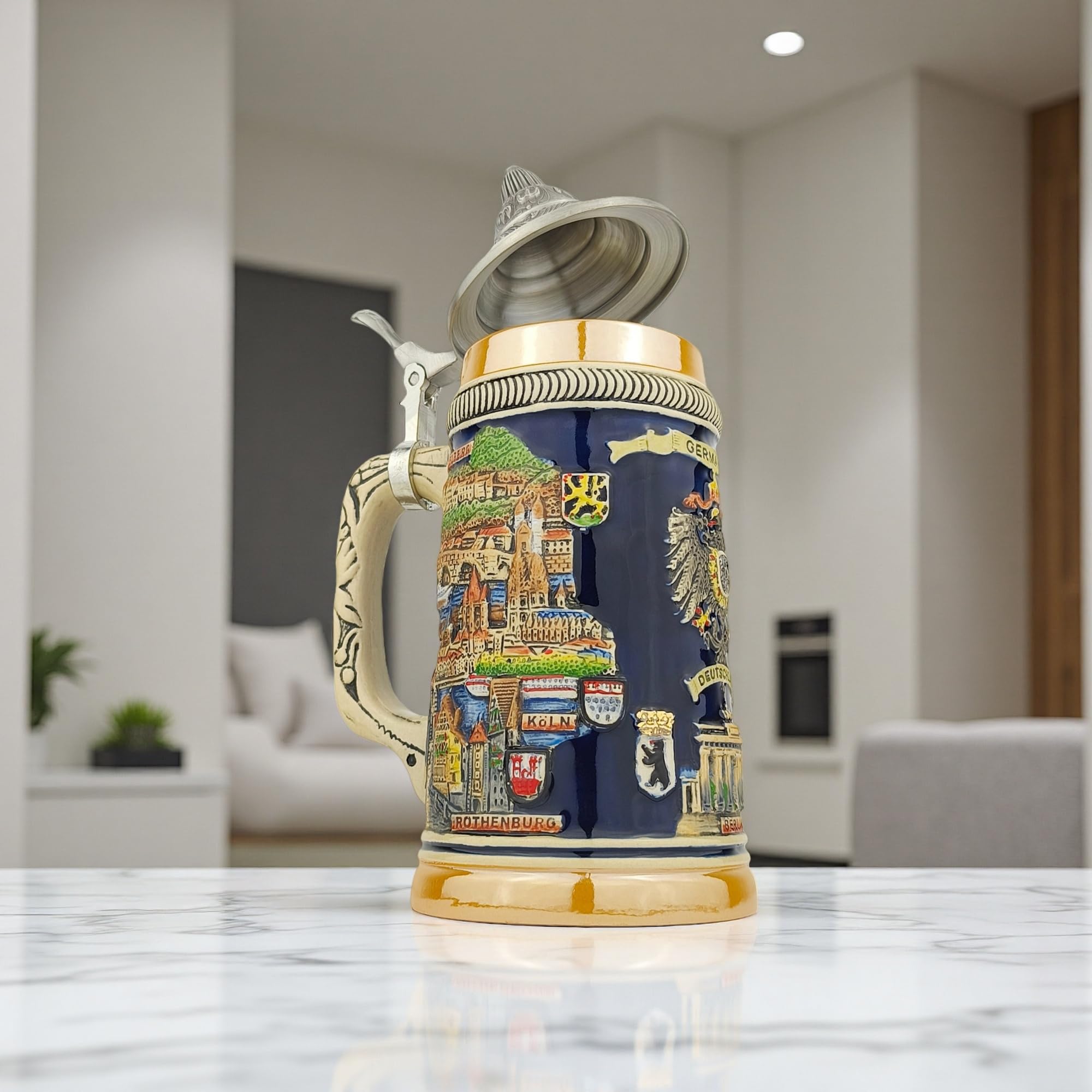 EVERSYTLE Boccale da birra con coperchio, 0,7 l, tradizionale brocca in pietra con coperchio a punta, motivo Germania, boccale da birra per casa, decorazione e collezione, regalo per uomini, papà e